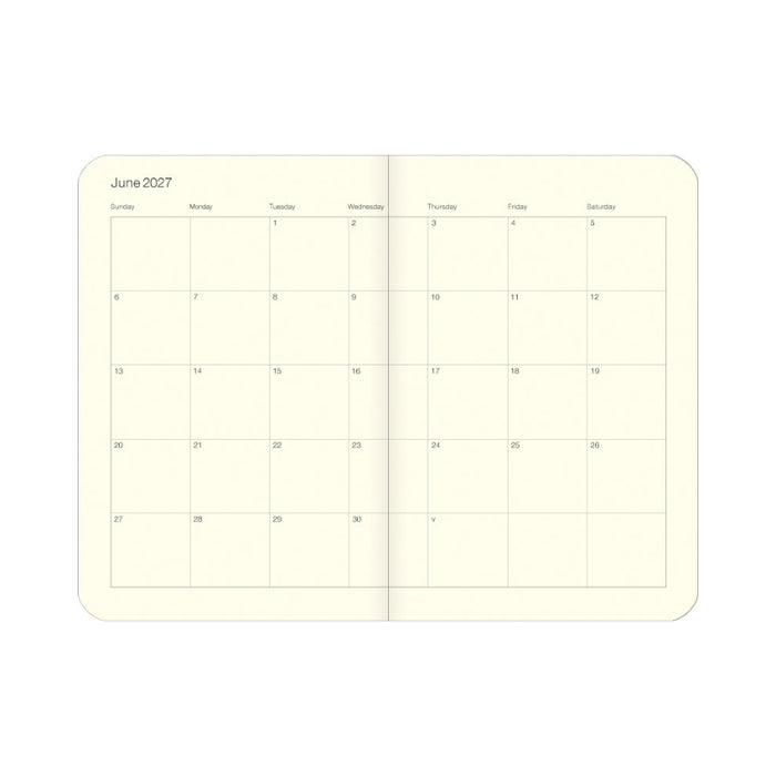 An open monthly calendar showing June 2027, with a cream-colored page and a clean white background.