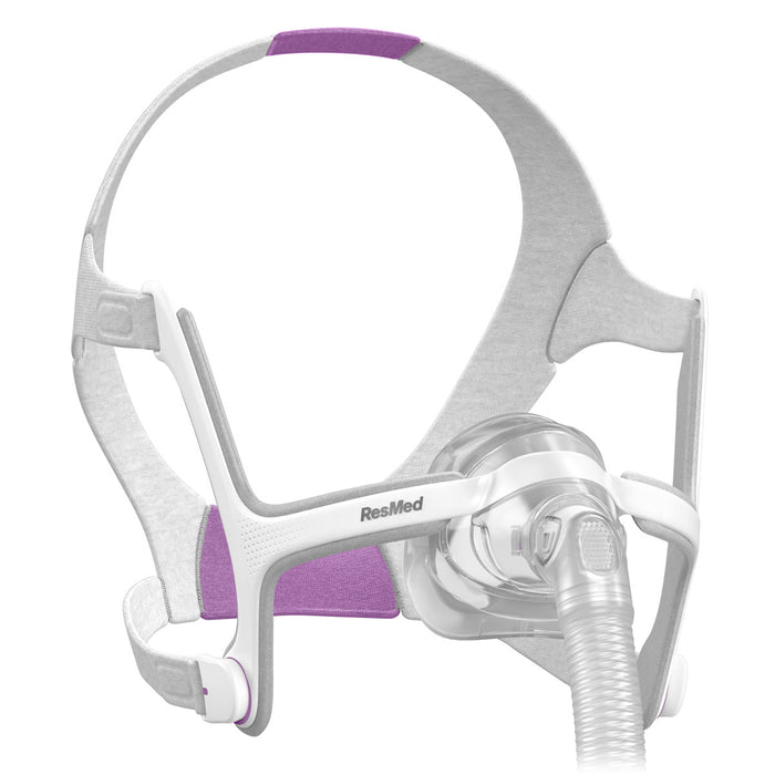 An image of the AirTouch N20 nasal CPAP/bi-level mask with headgear by ResMed, featuring a gray frame with pink accents and a transparent cushion.