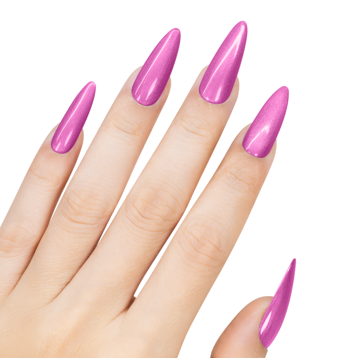 Hand with pink stiletto nails on a white background