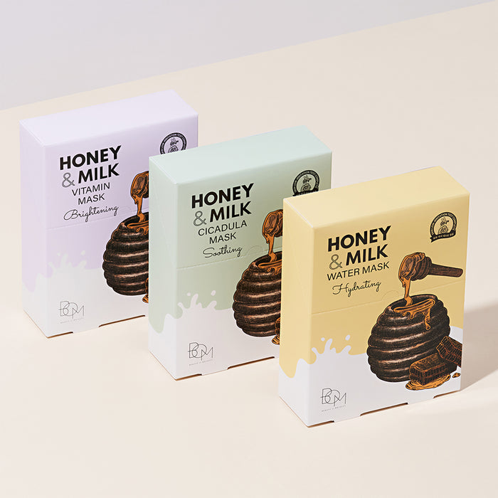 BOM Honey & Milk Vitamin Mask - skaistinančios odą lakštinės veido kaukės, 10 vnt