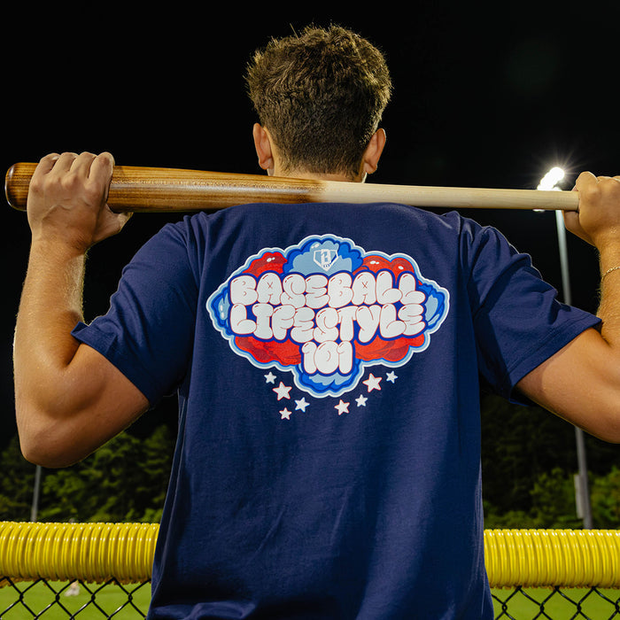 Baseball Lifestyle 101 navy 4th of July cotton candy tee, red, white, and blue