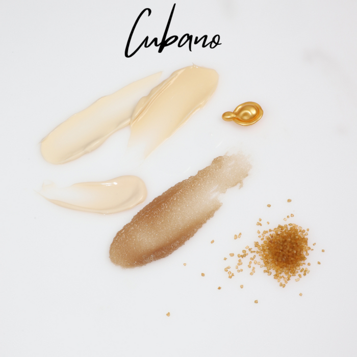 Several pedicure products swatches and an ampoule with the words Cubano on white background.