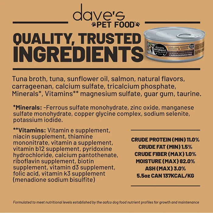 Dave’s Naturally Healthy Grain Free Can Cat Food Tuna & Shrimp Dinner In Gravy