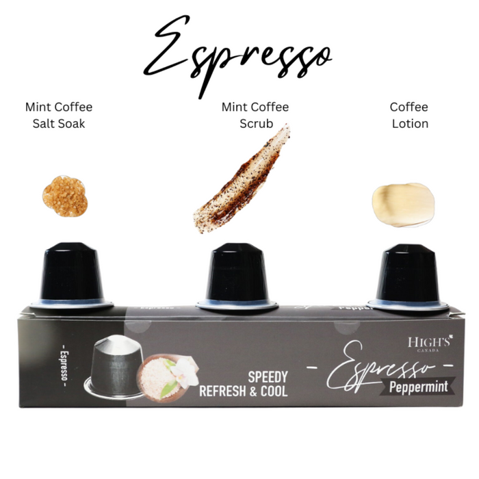 Packaged pedicure product called 'Espresso Coffee Mani & Pedi Treatment' with coffee-themed packaging, displayed on a brown carton, indicating a coffee and mint leave.