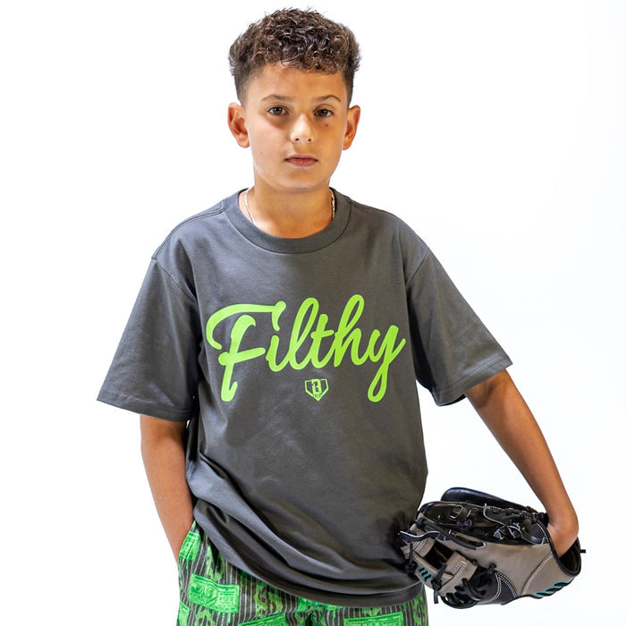 Person wearing a gray t-shirt with 'Filthy' in green text on a white background