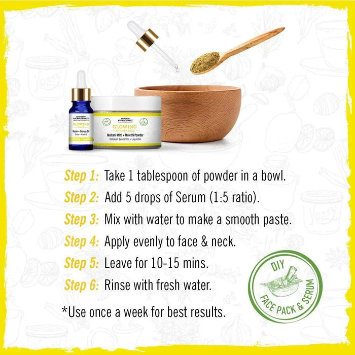 Glowing Powder Pack & Serum Facial Kit, Multani Mulethi, Kesar & Orange Oil, Open Pores,Lightening,Acne, Hydration - Keya Seth Aromatherapy