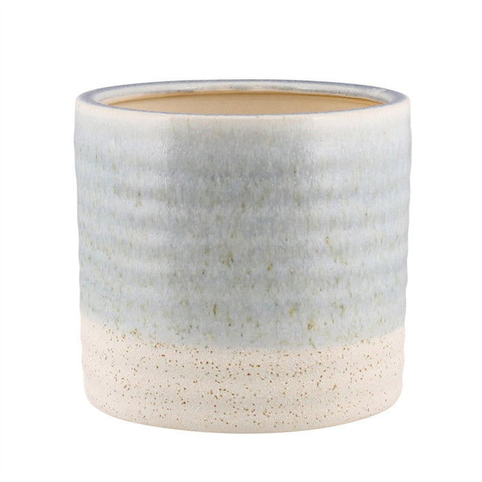 Medium ceramic cachepot, round speckled light blue-gray and beige finish, open rim