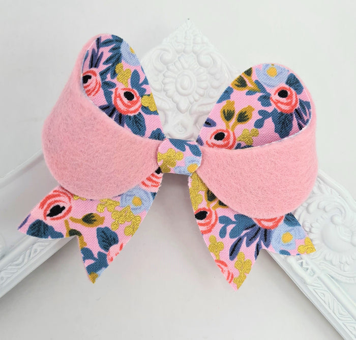 Large Bow Hair Clip - dusty pink gold floral