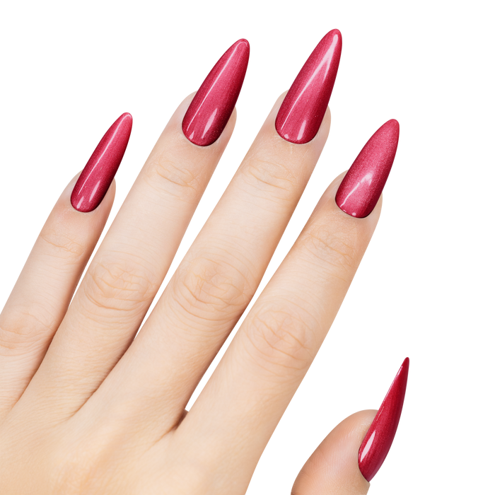 Hand with red nail polish on a white background
