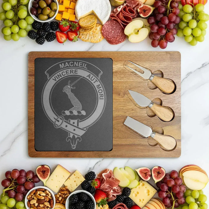 MacNeil clan crest and Vincere Aut Mori engraved on acacia-and-slate board