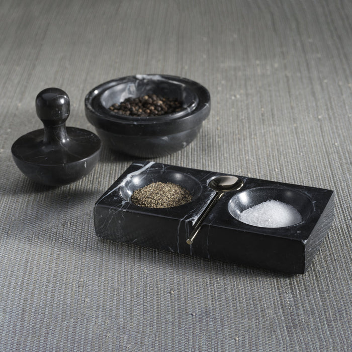 Marble Salt and Pepper Dish with Spoon - Black