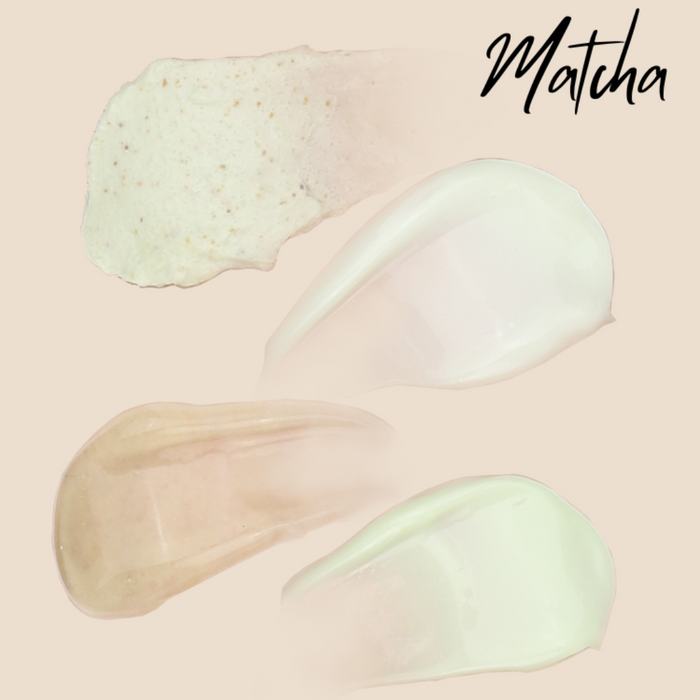 Swatches of Highs Matcha Tea pedicure scrub, cream and lotion on a pale pink background