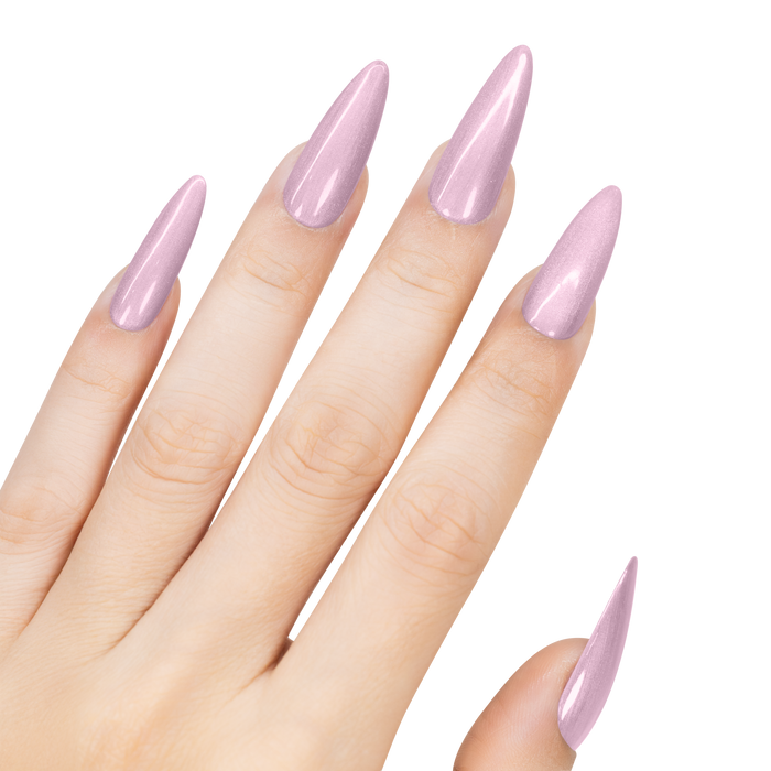 Hand with pink stiletto nails on a white background