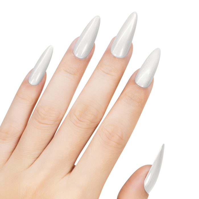 Hand with long, pointed, white nails on a white background