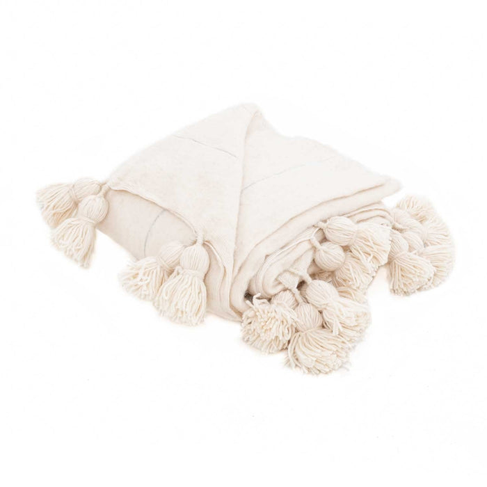 Moroccan Pom Pom Blanket - Natural & Silver - Benisouk