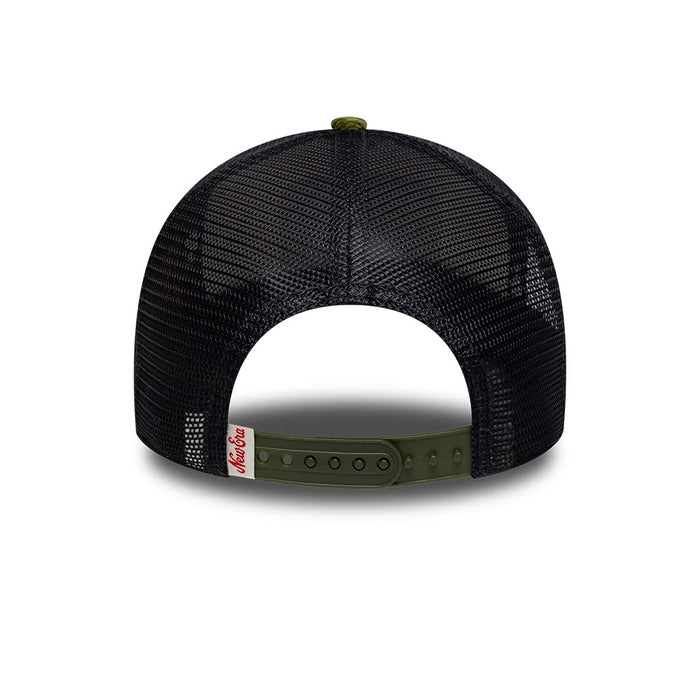 Pictured is this New Era Patch Cord 9FORTY A-Frame Trucker cap in cream & green. 4