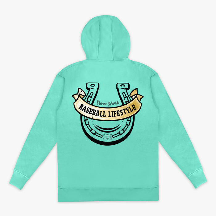 Light green hoodie with a horseshoe graphic design and 'New York Baseball Lifestyle' on the back on a white background