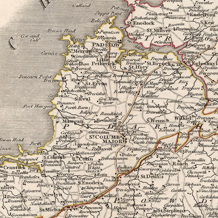 Old Map of Cornwall by Cary, 1806: Divided into Hundreds, Truro, Falmouth, Penzance