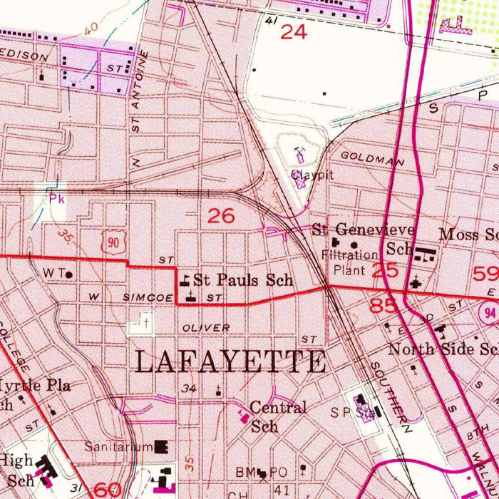 Old Map of Lafayette, Louisiana by USGS, 1955 – Vermilion River & Acadiana