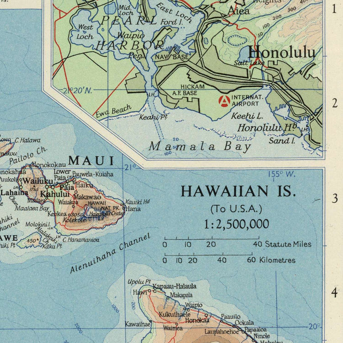 Old Map of the Pacific Ocean by Bartholomew, 1957: Inset Maps, Relief Shading