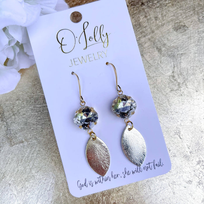 O'Lolly "Chloe" Earrings - 12mm Stone w/Leaf Gold Dangle: AB