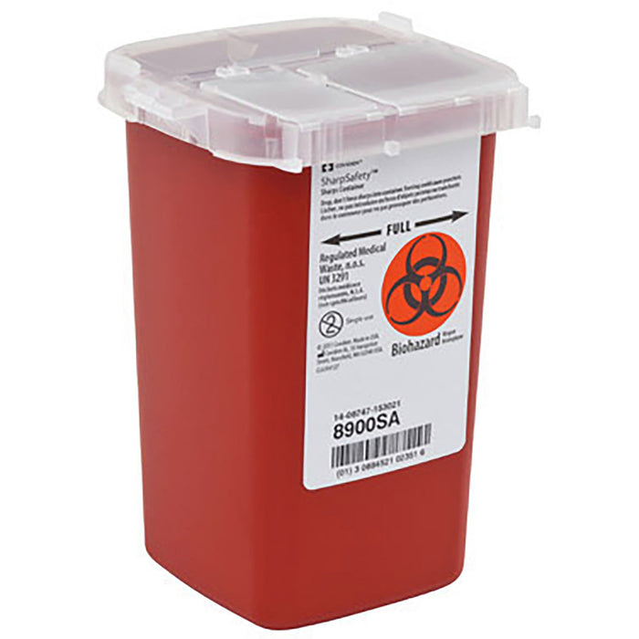 SharpSafety Phlebotomy Sharps Container, Red, 1 Quart, Front view.