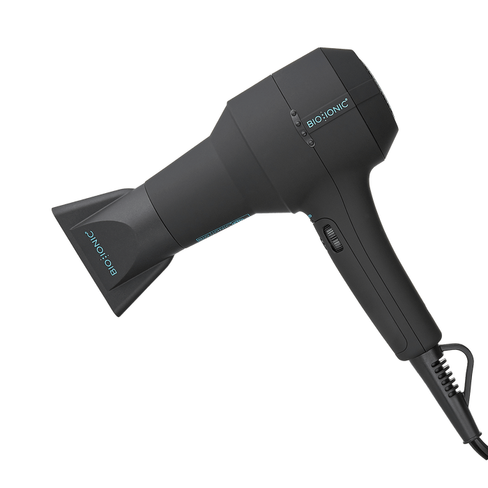 Black hair dryer with 'Bio Ionic' branding on a white background