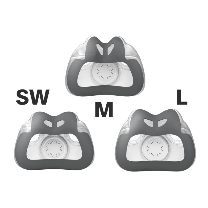 an assortment shot showing all three cushion options for the airtouch f30i - small-wide, medium, and large