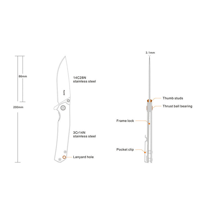 Ruike P801 EDC folding knife, all angles descriptive view.