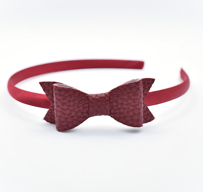 School Headband - Leather Bow - Burgundy