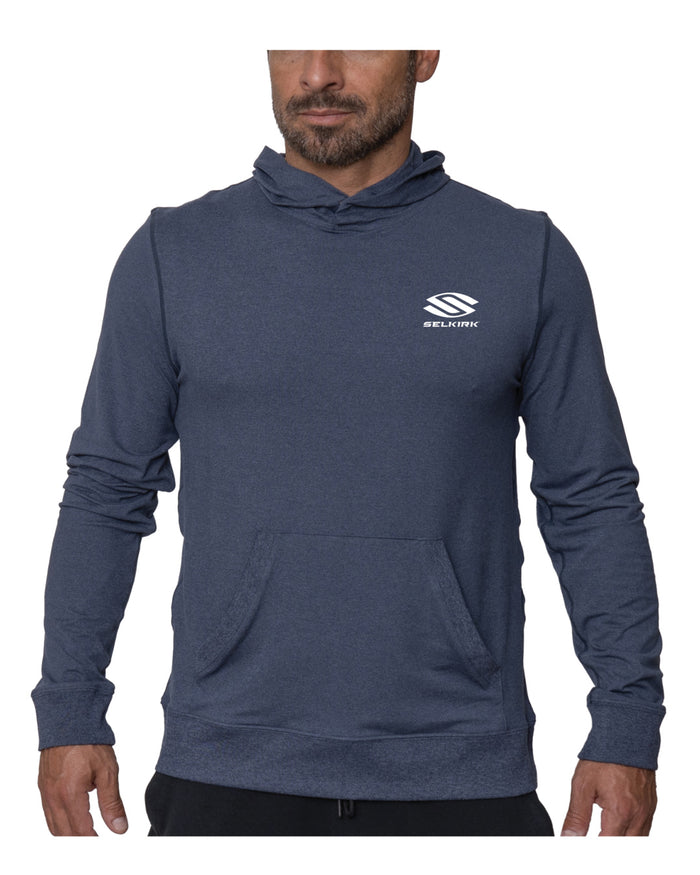 Men's navy lightweight hoodie with SELKIRK logo on left chest and front kangaroo pocket