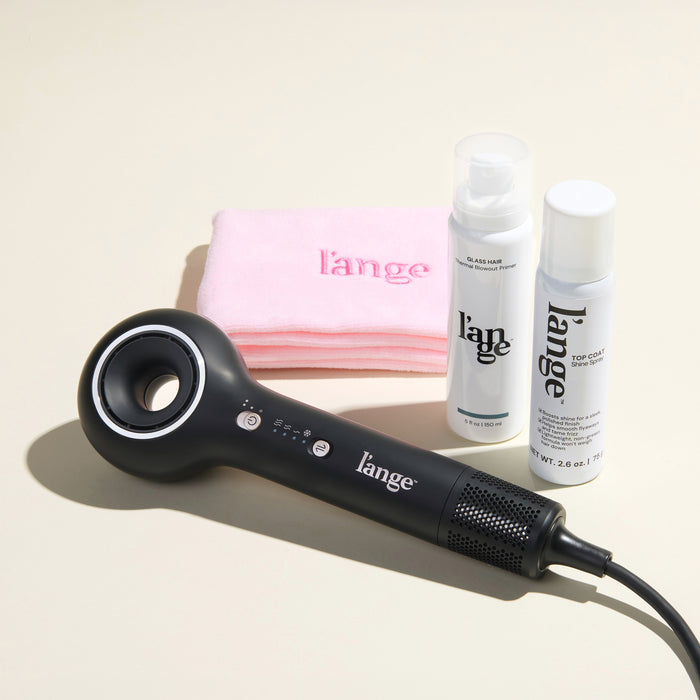 Mane Event Value Set, featuring a Black Axia, a Blush hair wrap towel, Glass Hair, and Top Coat, displayed on a beige background