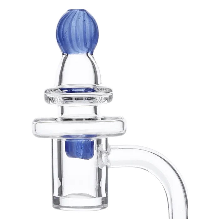 A clear, angled view of the Valiant Glass Carb Cap with directional air flow, featuring a purple glass tip.