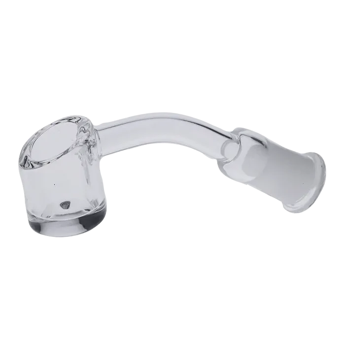 A three-quarter view of the Valiant Quartz Banger, showcasing its clear glass construction and angled joint.