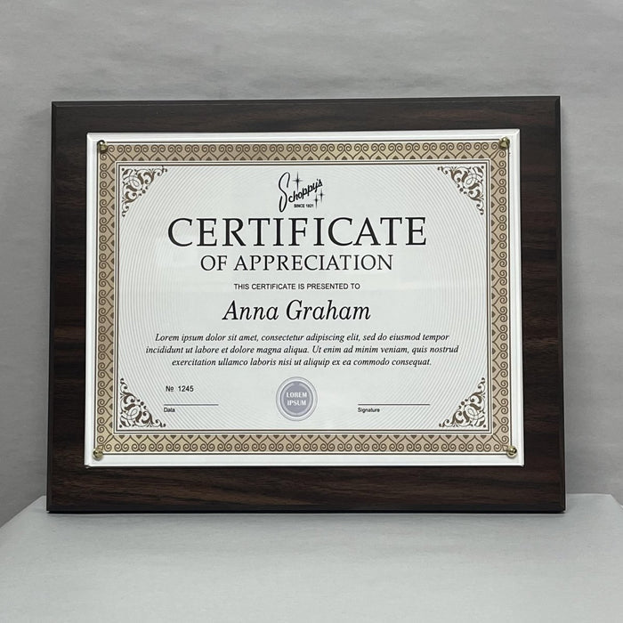 Veneer Certificate Plaque 10½" x 13" - Schoppy's Since 1921