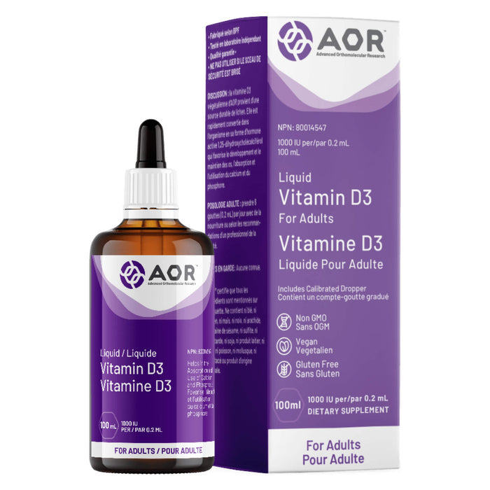 Bottle & Box of AOR Liquid Vitamin D3 For Adults 100ml 1000IU/0.2ml