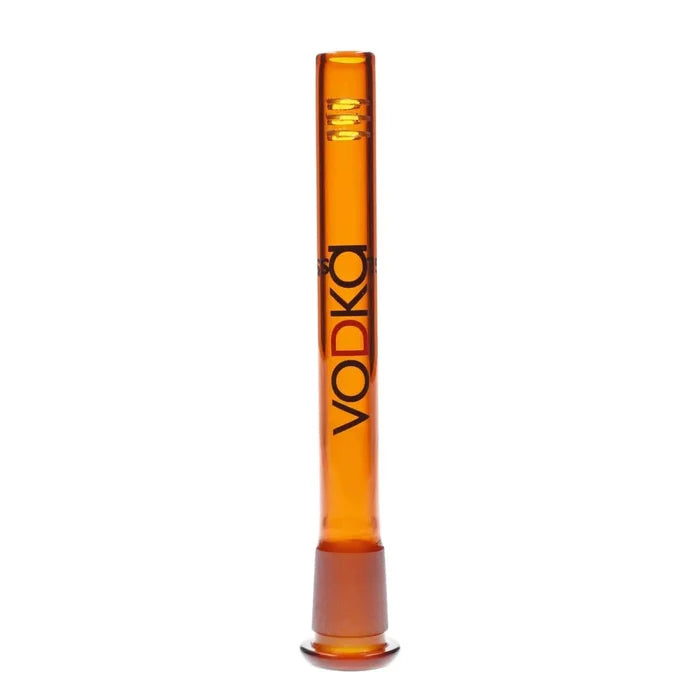 A straight-on view of the 140mm Vodka Downstem in amber glass, displaying its flush mount design against a plain white background.