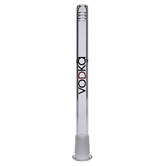 A straight-on view of the 185mm Vodka Downstem, displaying its clear glass construction and flush mount design.
