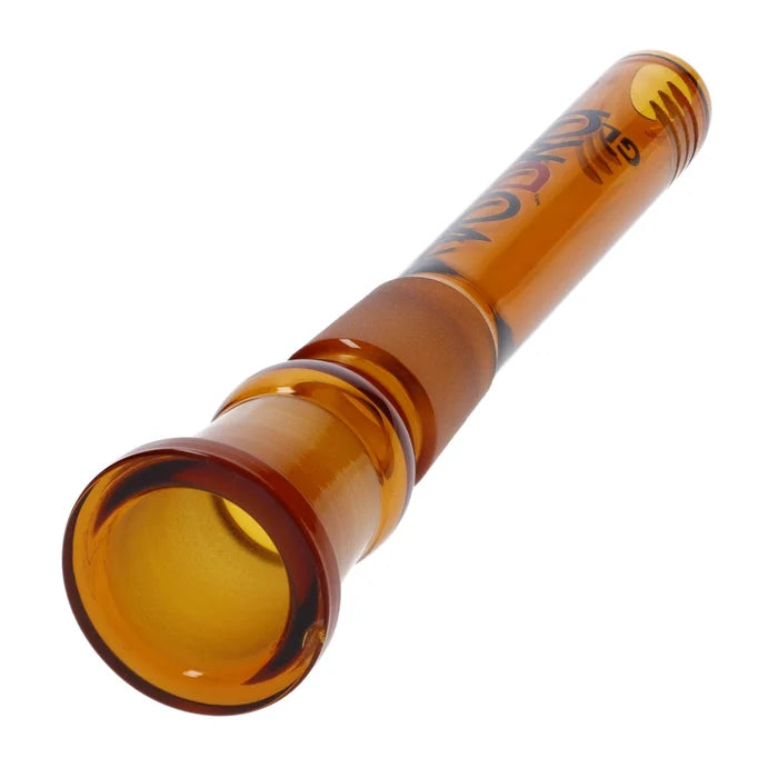 A slightly angled view of the 100mm Vodka Downstem in amber glass, showing its simple cylindrical form against a plain white background.