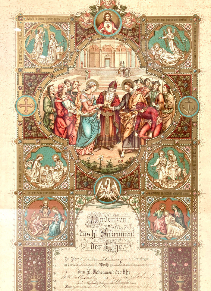 1925 Framed German Marriage Certificate, Scenes from Christ's Life, Biblical