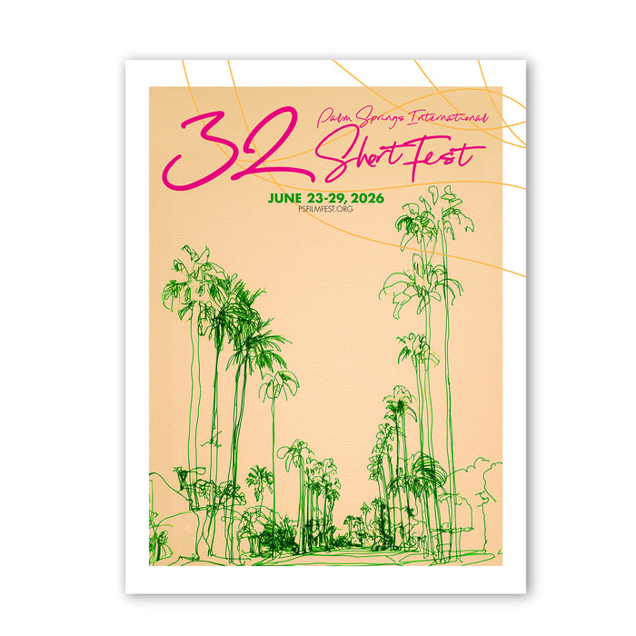 Promotional poster for 32nd Shot Fest with palm tree illustrations on a beige background