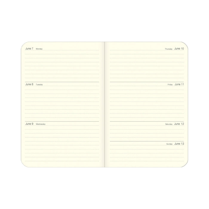 An open planner or notebook showing two cream-colored pages with lined daily sections labeled for June 7 through June 13, photographed on a plain white background.