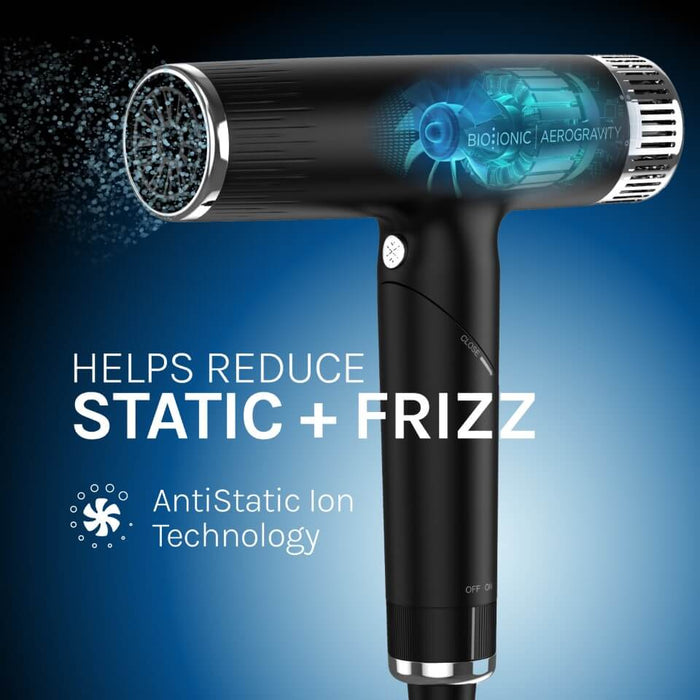 Black hair dryer with blue interior on a blue background, highlighting anti-static and frizz reduction features.