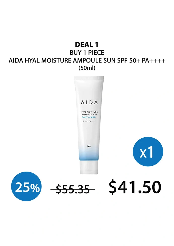 AIDA Hyal moisture ampoule sun SPF 50+ PA++++ with promotional pricing on a white background