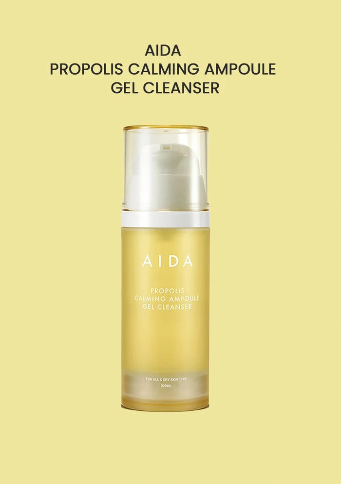 AIDA Propolis Calming Ampoule Gel Cleanser bottle on a yellow background