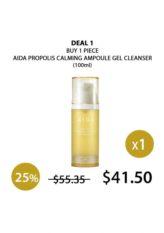 Aida Propolis Calming Ampoule Gel Cleanser bottle with promotional text on a white background