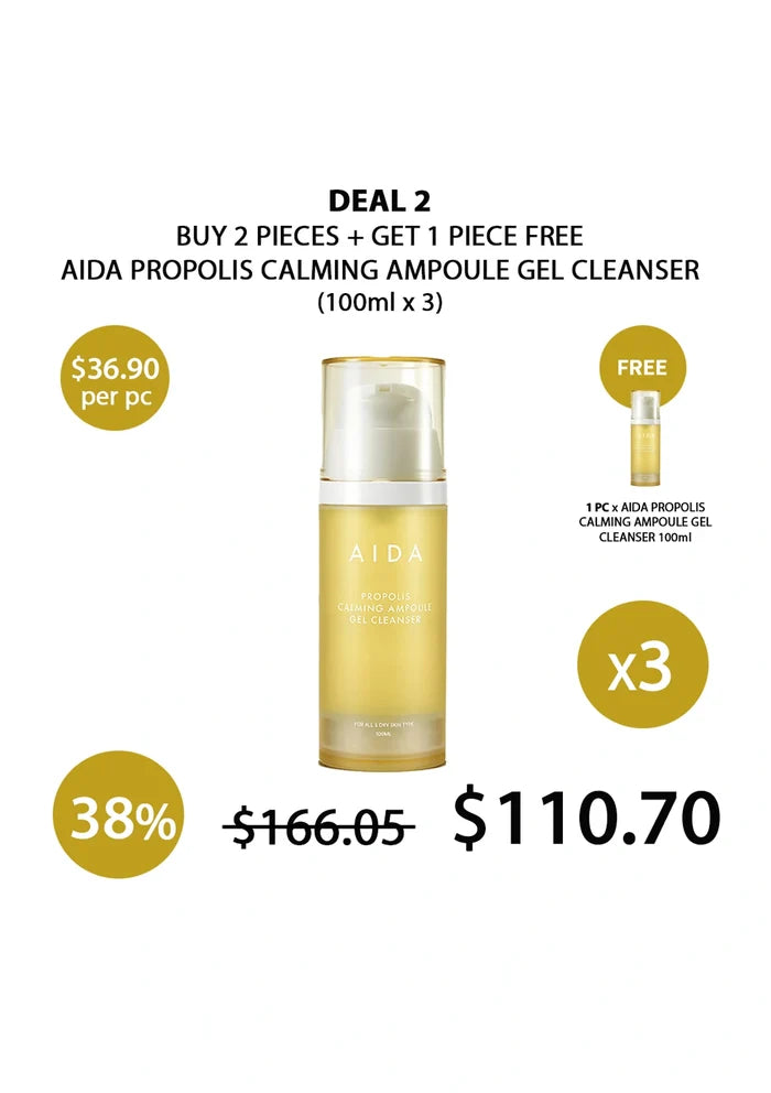 Aida Propolis Calming Ampoule Gel Cleanser with promotional text on a white background