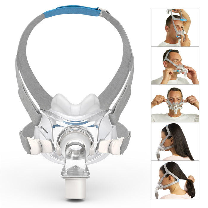 Airlift F30 CPAP Mask Front View with Multiple pictures of a man and woman fitting the mask to their face