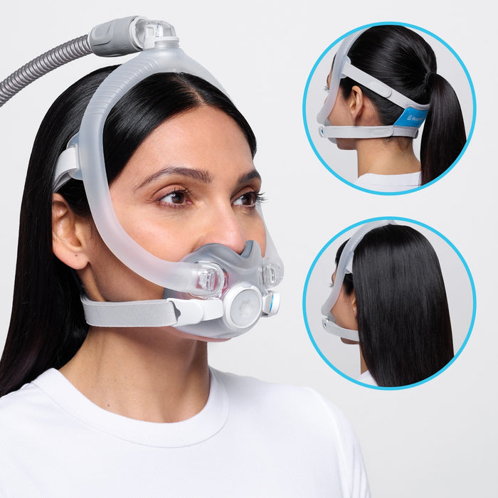 Woman wearing a fan Airtouch f30i CPAP Mask with different hair styles