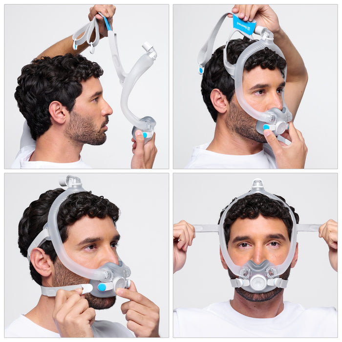 Collage of a man using a CPAP mask on a white background